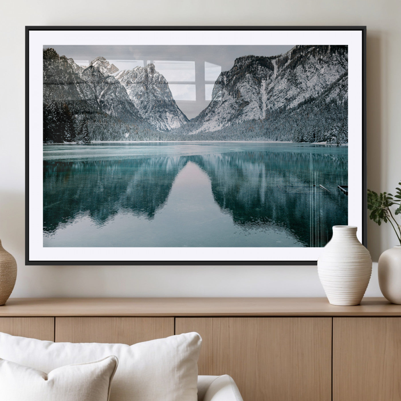 73098373-MGV-CV-36X24-Mountain Lake Wall Art Canvas Print – Framed Snowy Peaks Wonderland Nature Scene Artwork for Home Office