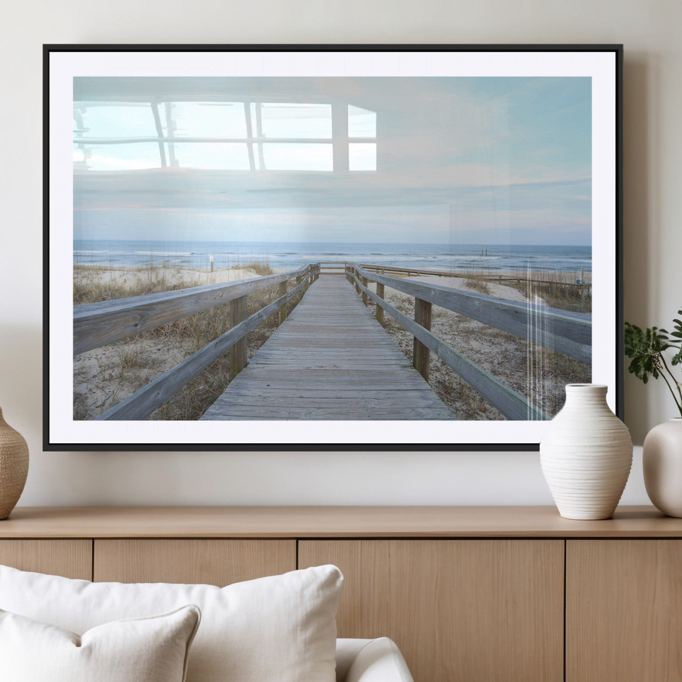 31602988-MGV-CV-36X24-Beach Boardwalk Wall Art Canvas Print – Framed Coastal Serenity Ocean View Nature Scene Artwork for Home Office