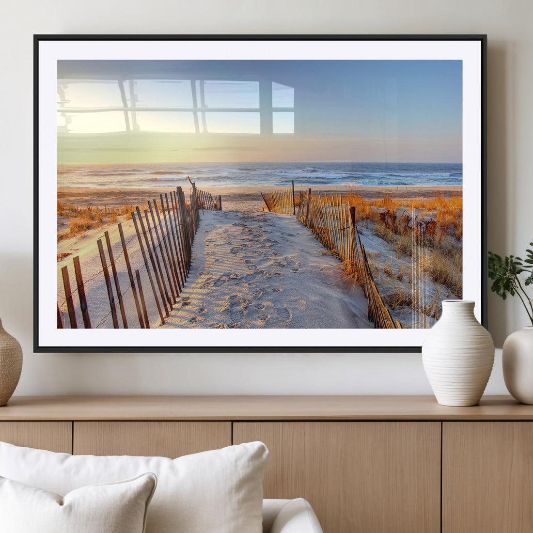 Ocean Sunset Wall Art Canvas Print, Framed Nautical Beach Photography, Summer Beach House Coastal Decor