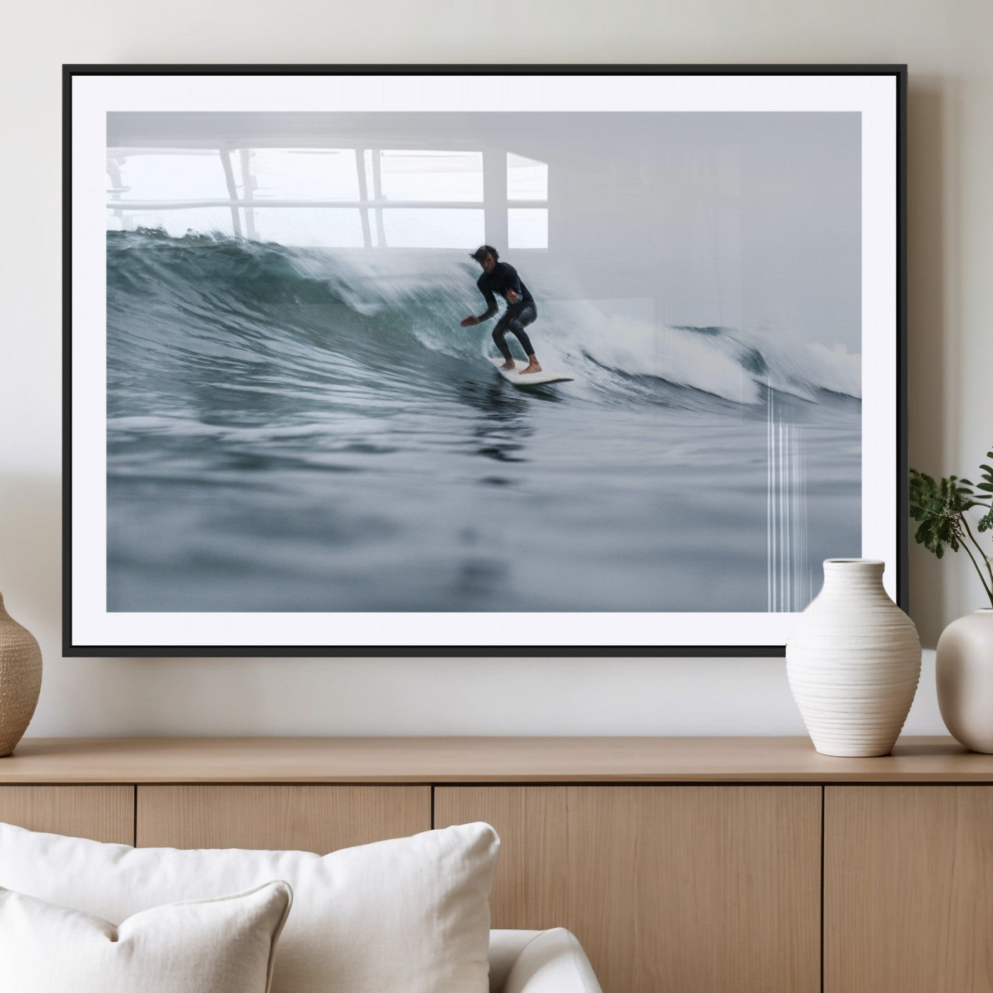 11693607-MGC-FP-36x24_Black-Surfer on Wave Wall Art Canvas Print – Framed Ocean Adventure Motion Blur Water Coastal Action Artwork for Home, Office