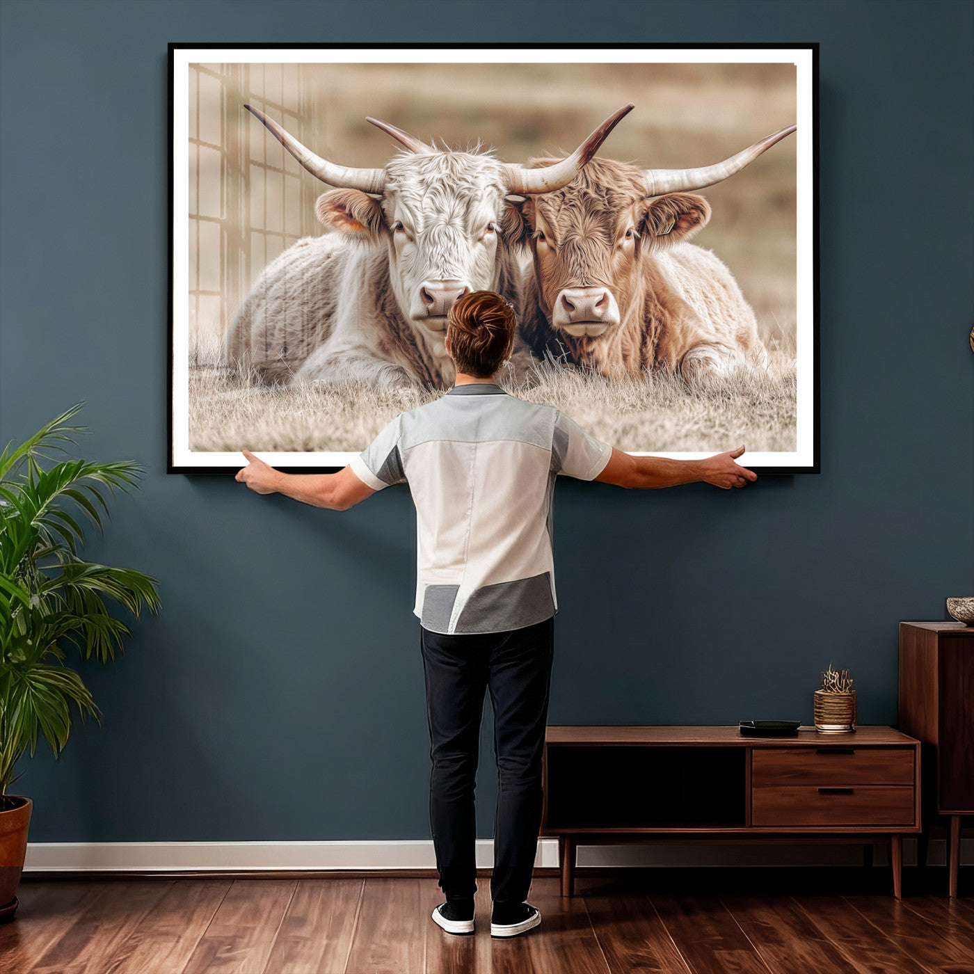 38651722-MGV-CV-36X24 - Highland Cows Meadow Canvas Wall Art – Peaceful Cow Photography Print, Rustic Farmhouse Animal Decor for Country Home, Living Room, Office