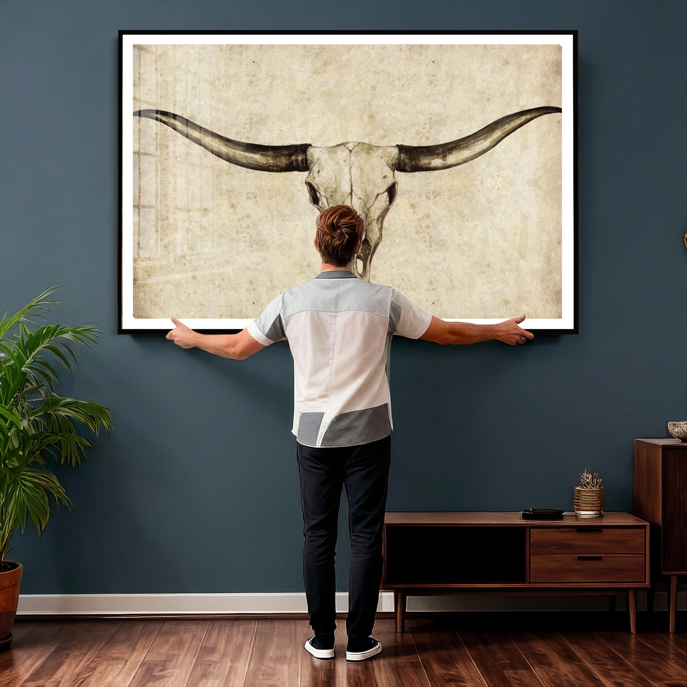 42788678-MGV-CV-36X24 - Longhorn Skull Wall Art Canvas Print – Rustic Western Artwork Print for Living Room Wall Decor