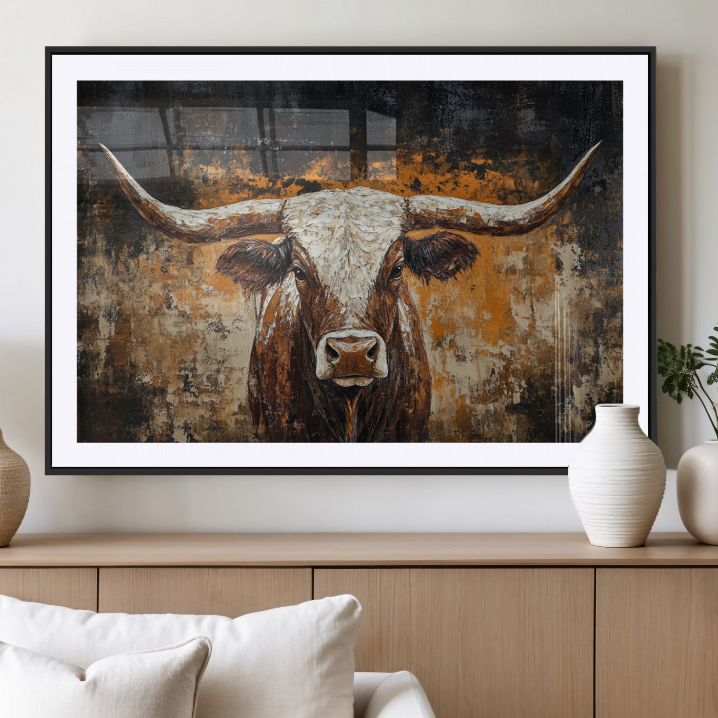 25265572-MGC-FP-36x24_Black-Rustic Longhorn Bull Wall Art Canvas Print – Vintage Western Cattle Scene, Texas Steer Artwork for Home, Office