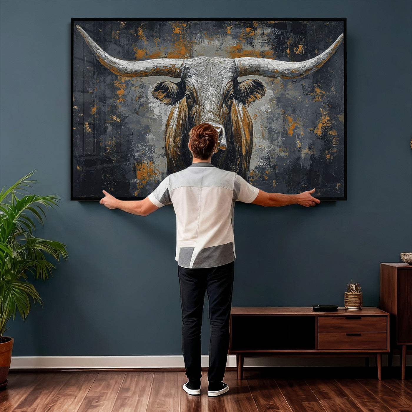 73972561-MGV-CV-36X24 - Bold Bull Wall Art Canvas – Striking Portrait with Wide Horns and Rich Brown Hues, Rustic Farmhouse and Western Decor for Home Room