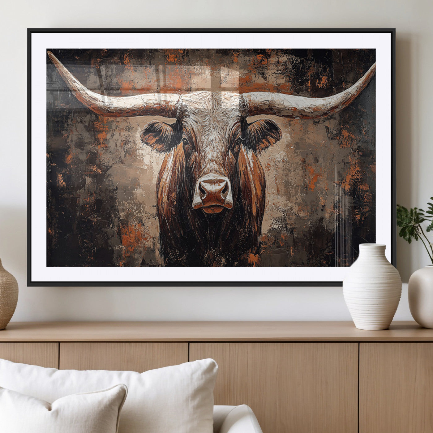 42732393-MGV-CV-36X24-Rustic Longhorn Bull Wall Art Canvas Print – Vintage Western Cattle Scene, Texas Steer Artwork for Home, Office