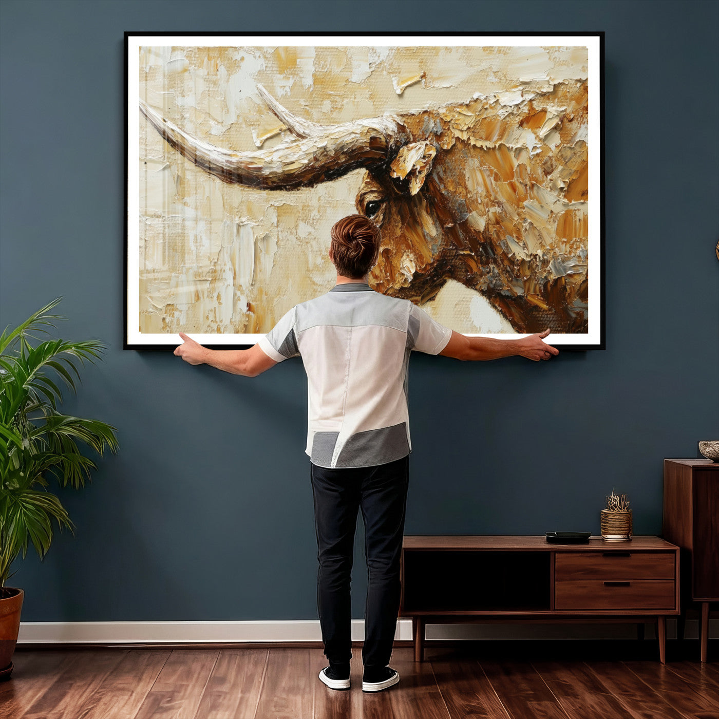 69611428-MGV-CV-36X24 - Rustic Longhorn Bull Wall Art Canvas Print – Vintage Western Cattle Painting, Texas Abstract Wall Cow Prints