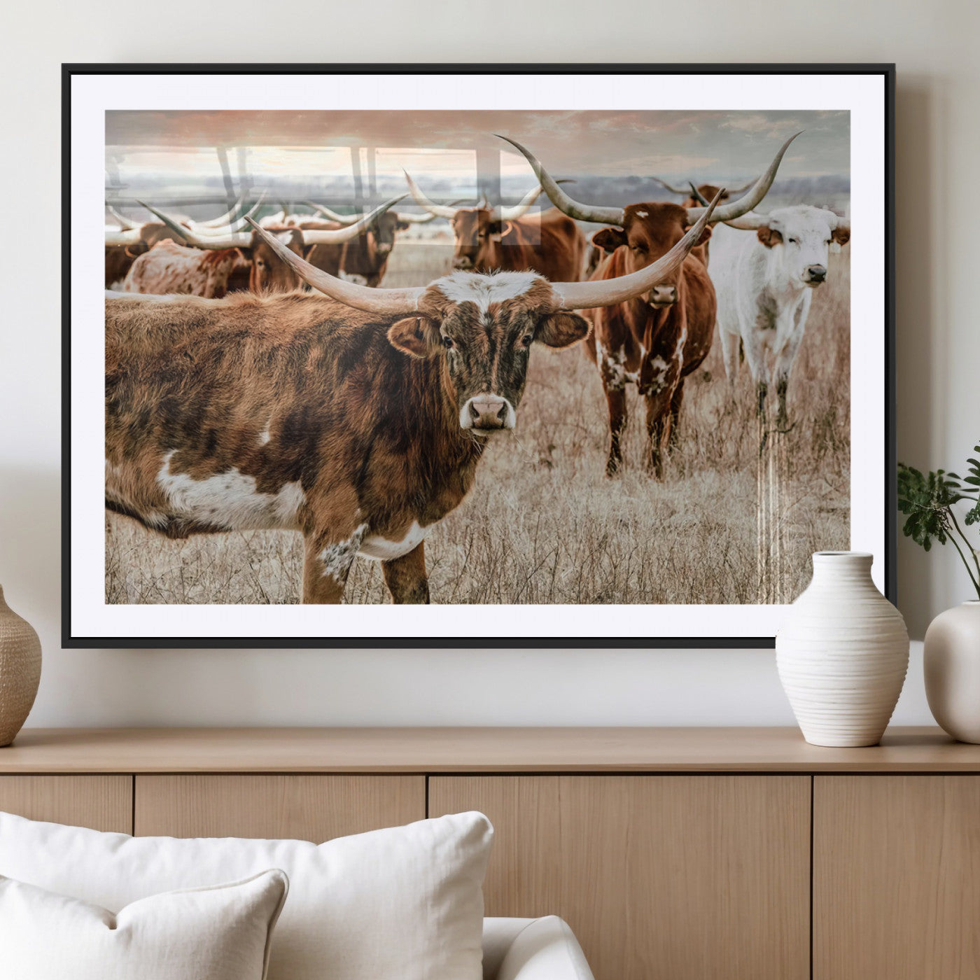 -Texas Longhorn Cattle Wall Art Canvas Print – Rustic Western Ranch Scene with Steers Sunset for Home, Office
