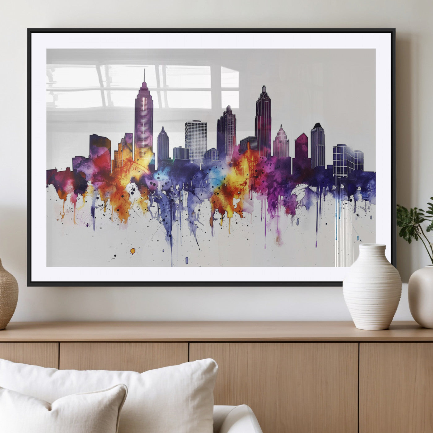 34479880-MGV-CV-36X24-Atlanta Skyline Wall Art Canvas Print – Framed Colorful Watercolor Cityscape Artwork for Home, Office, Living Room