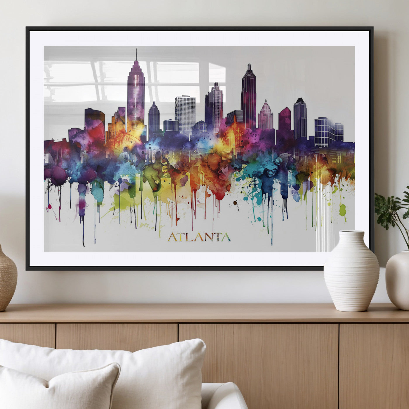 36048320-MGC-FP-36x24_Black-Atlanta Skyline Wall Art Canvas Print – Framed Colorful Watercolor Cityscape Abstract Urban Artwork for Home, Office