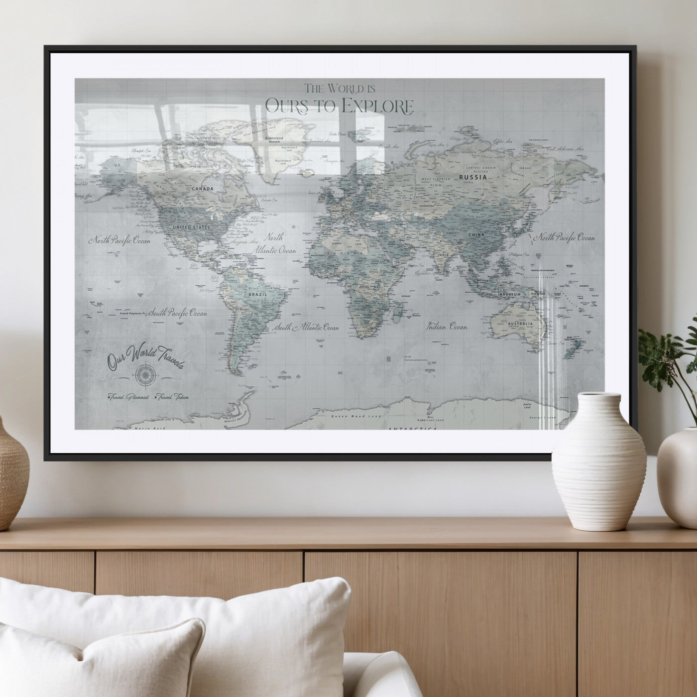 Rehber01-MGV-CV-36X24-Personalized Push Pin World Map Canvas Print – Custom Framed Travel Tracker Wall Art Large Map Artwork for Home, Office
