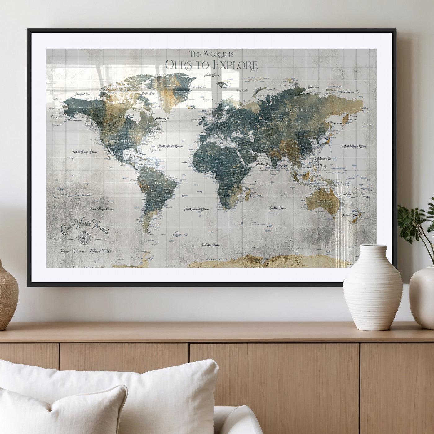 14988581-MGC-FP-36x24 - Custom Push Pin World Map Wall Canvas Print – Personalized Travel Tracker with Pins – Framed Custom Quotie Canvas for Home Office Decor