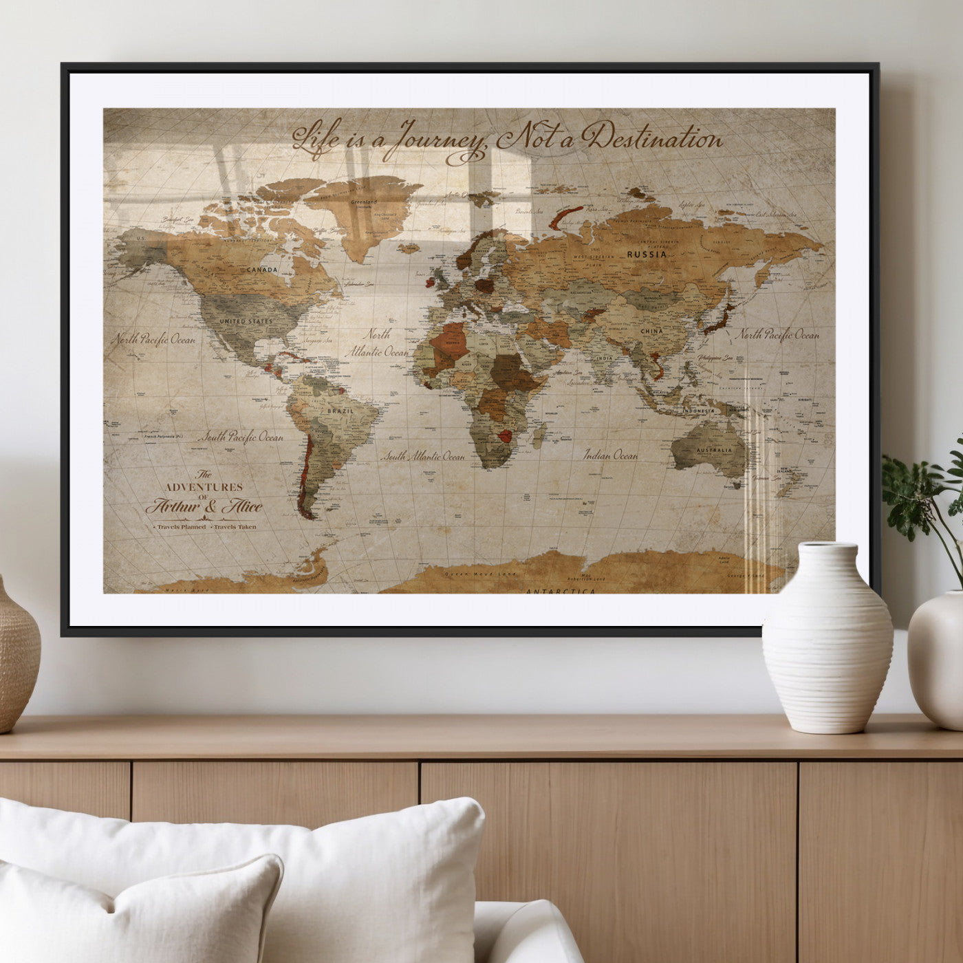 79036691-MGV-CV-36X24-Personalized World Map Canvas Wall Art – Custom Framed Push Pin Travel Tracker Print, Unique Gift for Home or Office Decor