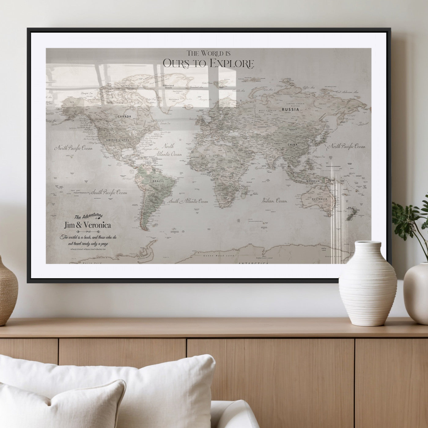 -Personalized Push Pin World Map Wall Art Canvas Print – Custom Framed Travel Tracker Gift for Couples or Family for home, office