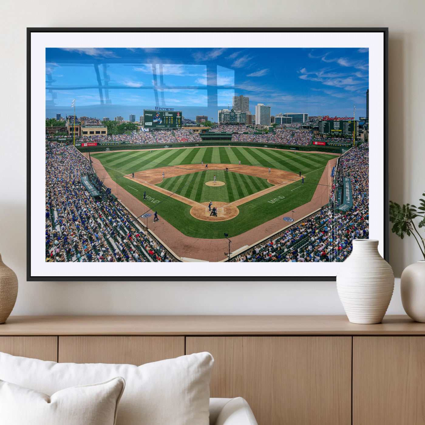 35800083-MGC-FP-36x24 - Wrigley Field Baseball Stadium Canvas Wall Art – Packed Crowd Sports Stadium City Skyline Artwork for Home Office