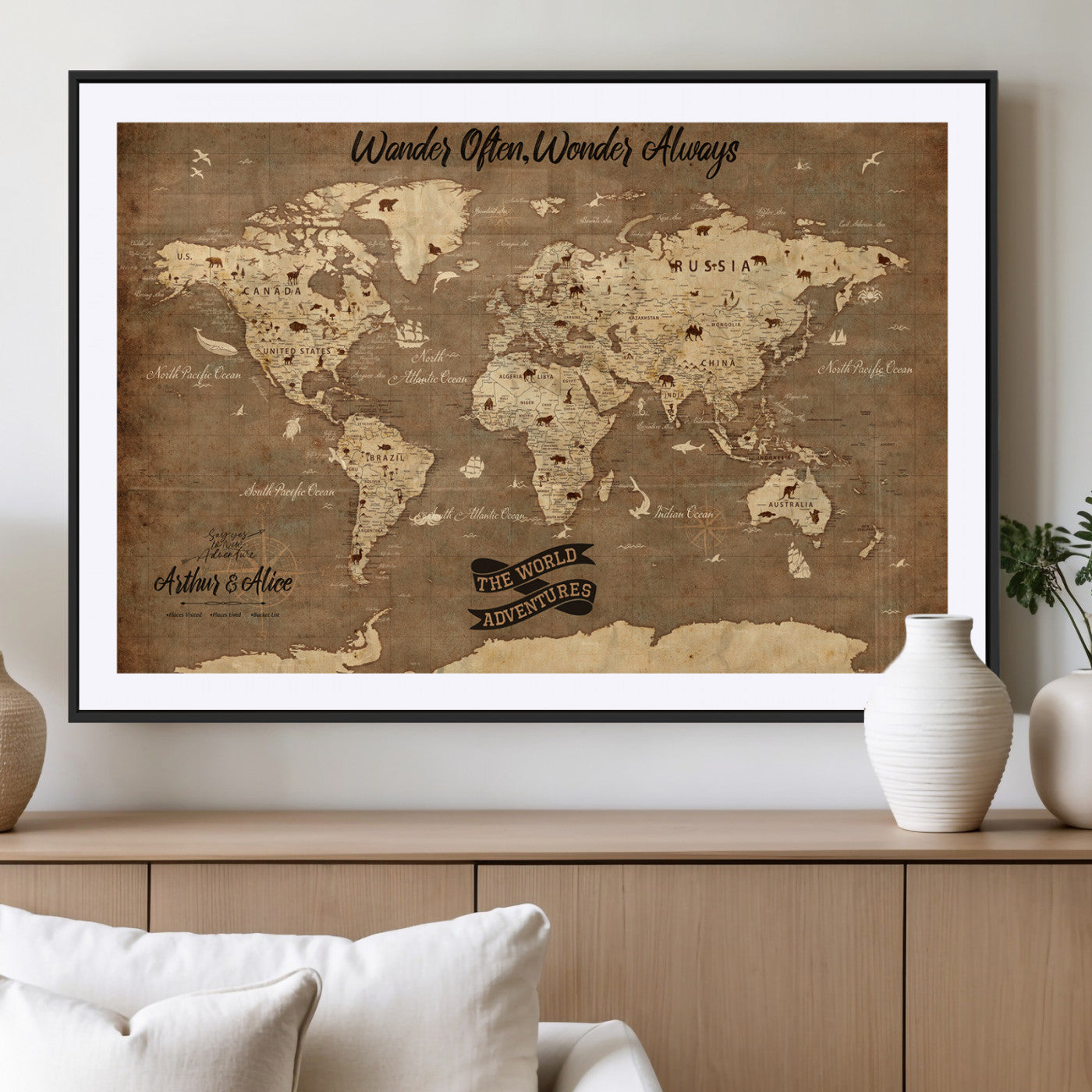 Rehber01-MGV-CV-36X24-Customize Push Pin World Map Wall Art Canvas Print – Personalized Kids Room Framed Map Adventure Travel for home, office
