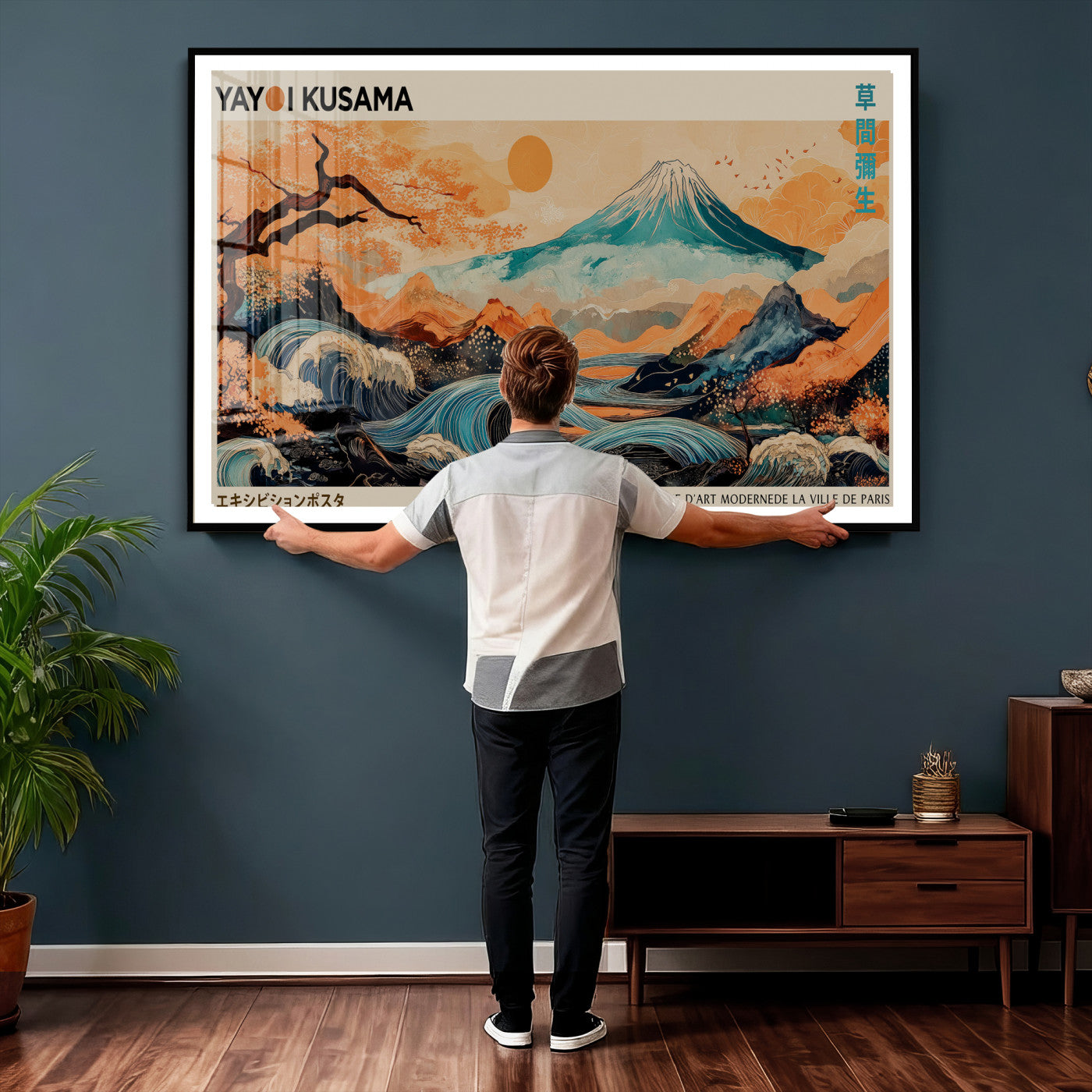 94085549-MGV-CV-36X24 - Yayoi Kusama Japanese Landscape Wall Art Canvas Print – Modern Abstract Mount Fuji Wall Art - Japanese Waves & Autumn Trees Print