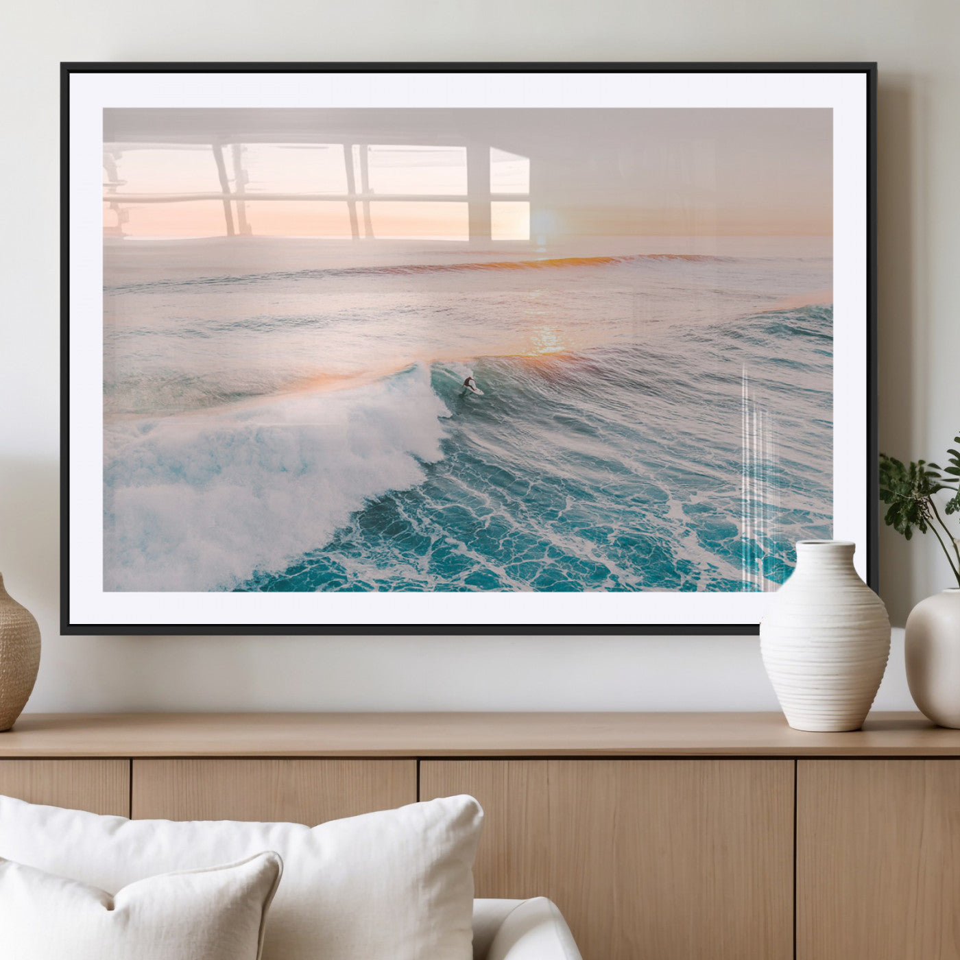 34064591-MGC-FP-40x30_Black-Sunset Surfing Wall Art Canvas Print, Ocean Wave Surfer with Golden Sky Artwork for Home, Office, Living Room