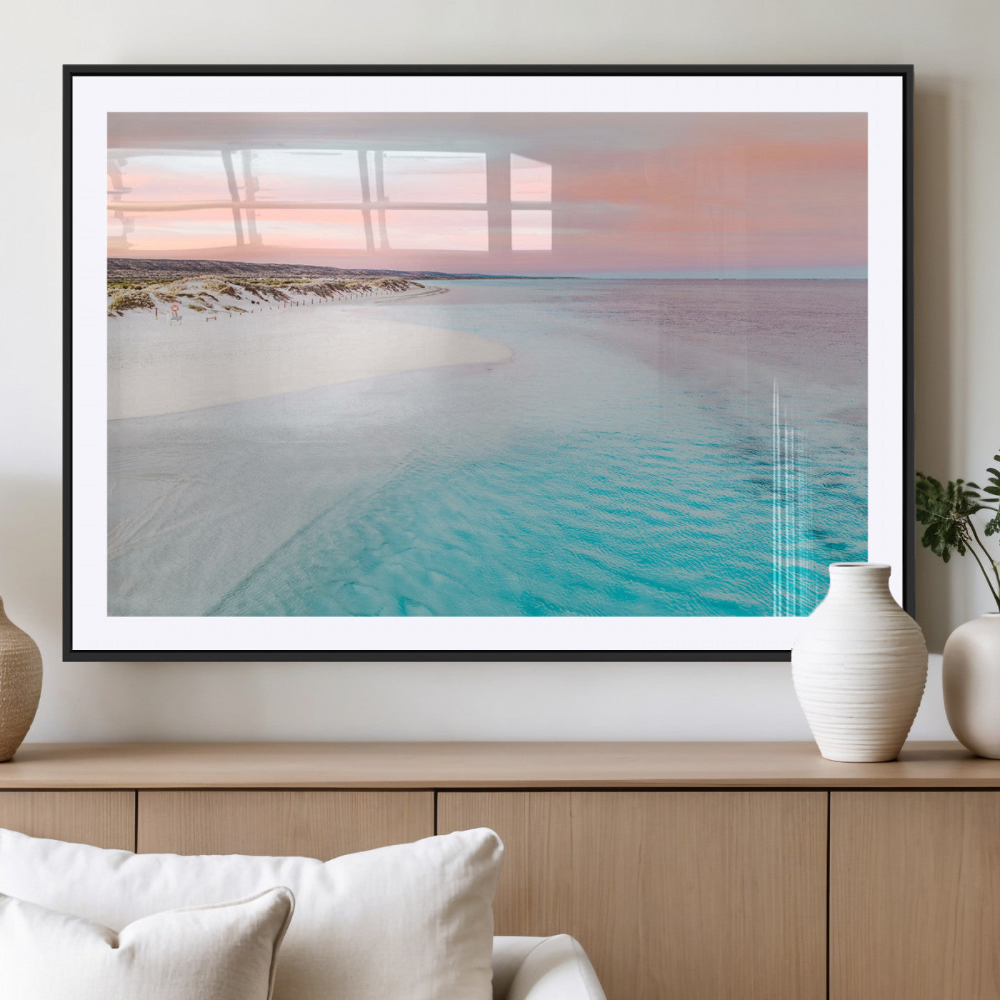 41613614-MGC-FP-40x30_Black-Serene Pastel Beach Wall Art Canvas Print, Tranquil Coastal Sunset with Soft Ocean Hues Artwork for Home, Office