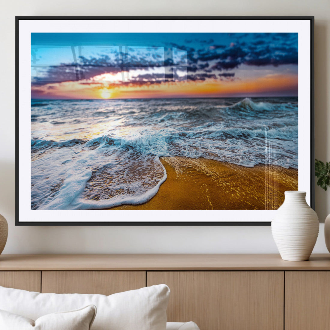 Ocean Waves Wall Art Canvas Print, Beach Sunset with Golden Sand and Blue Sky
