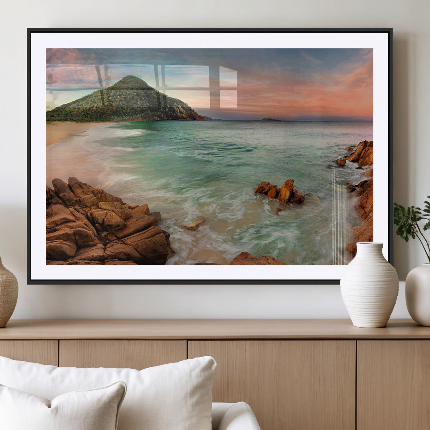 53831025-MGC-FP-40x30_Black-Stunning Coastal Landscape with Rocky Shore and Green Hills at Sunset – Beautiful Ocean View Wall Art Canvas Print for Serene Home Decor.