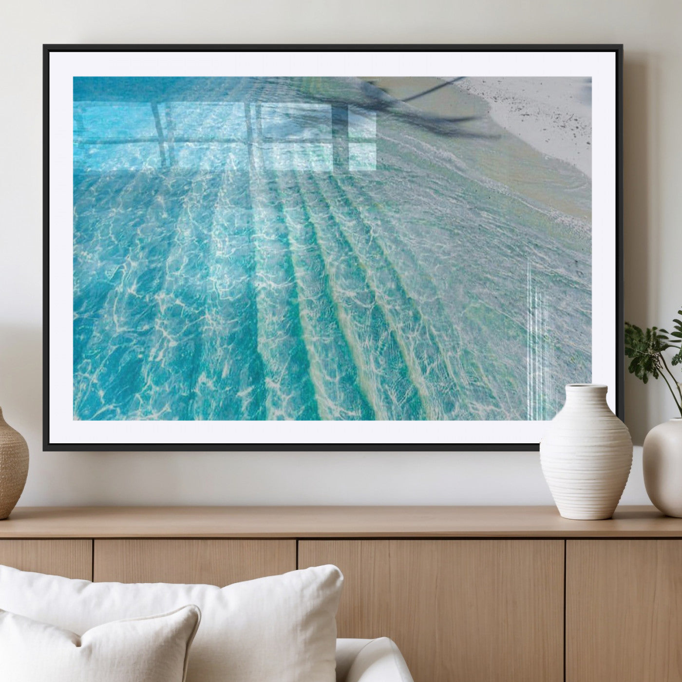 -Crystal Clear Ocean Wall Art Canvas Print – Sunlight Reflections and Palm Tree Shadow on Sandy Beach Artwork for Home, Office