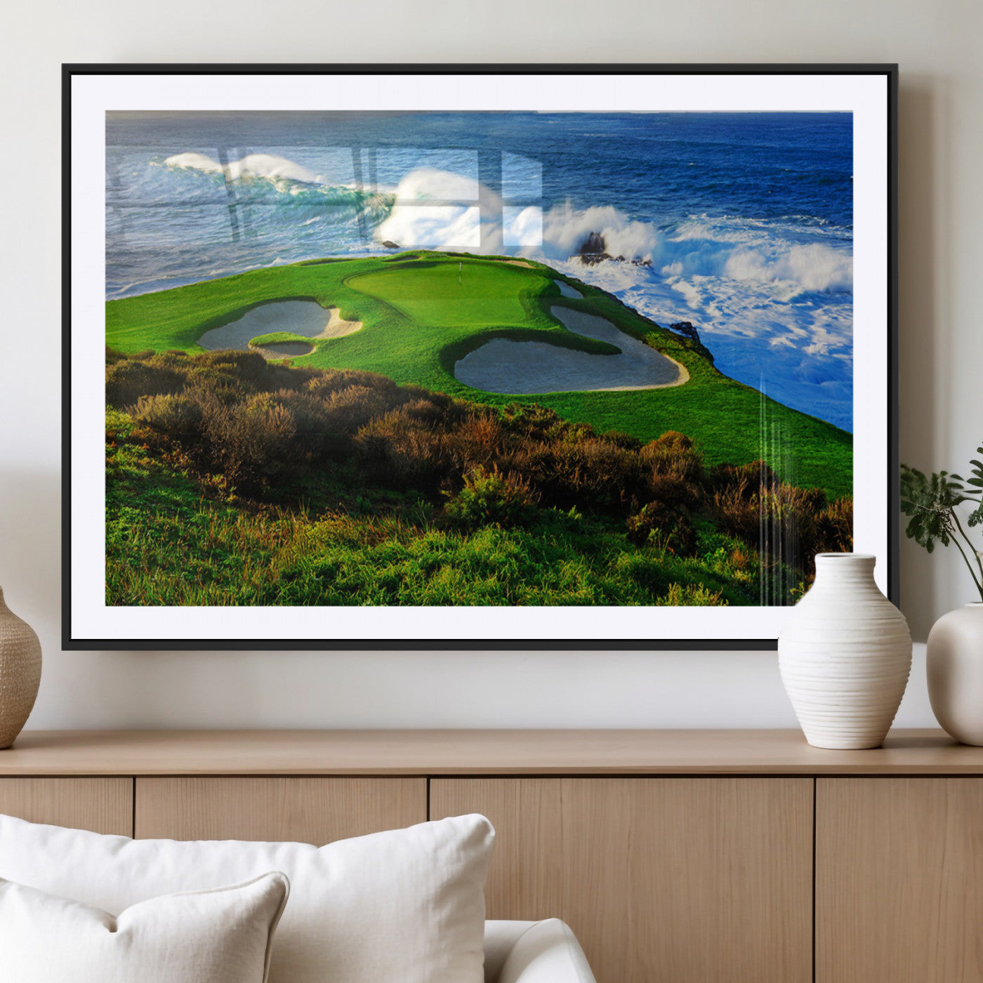 34181847-MGV-CV-36X24-Coastal Golf Course Wall Art Canvas Print – Vibrant Green with Sand Bunkers Overlooking Ocean Waves Artwork for Home, Office