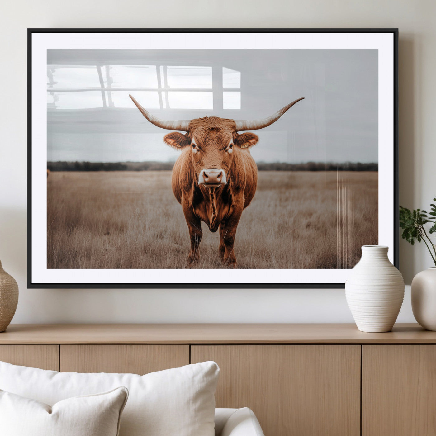 16316734-MGC-FP-36x24 - Longhorn bull, open field, rustic charm, natural beauty, Wall Art Canvas Print, countryside,