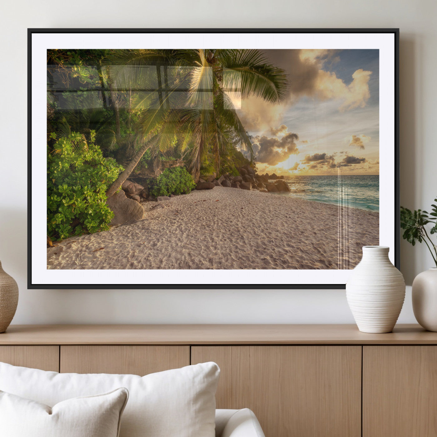 MGC-FP-36x24 - Tropical beach sunset, palm trees, white sand, ocean waves, golden sky, serene landscape, nature