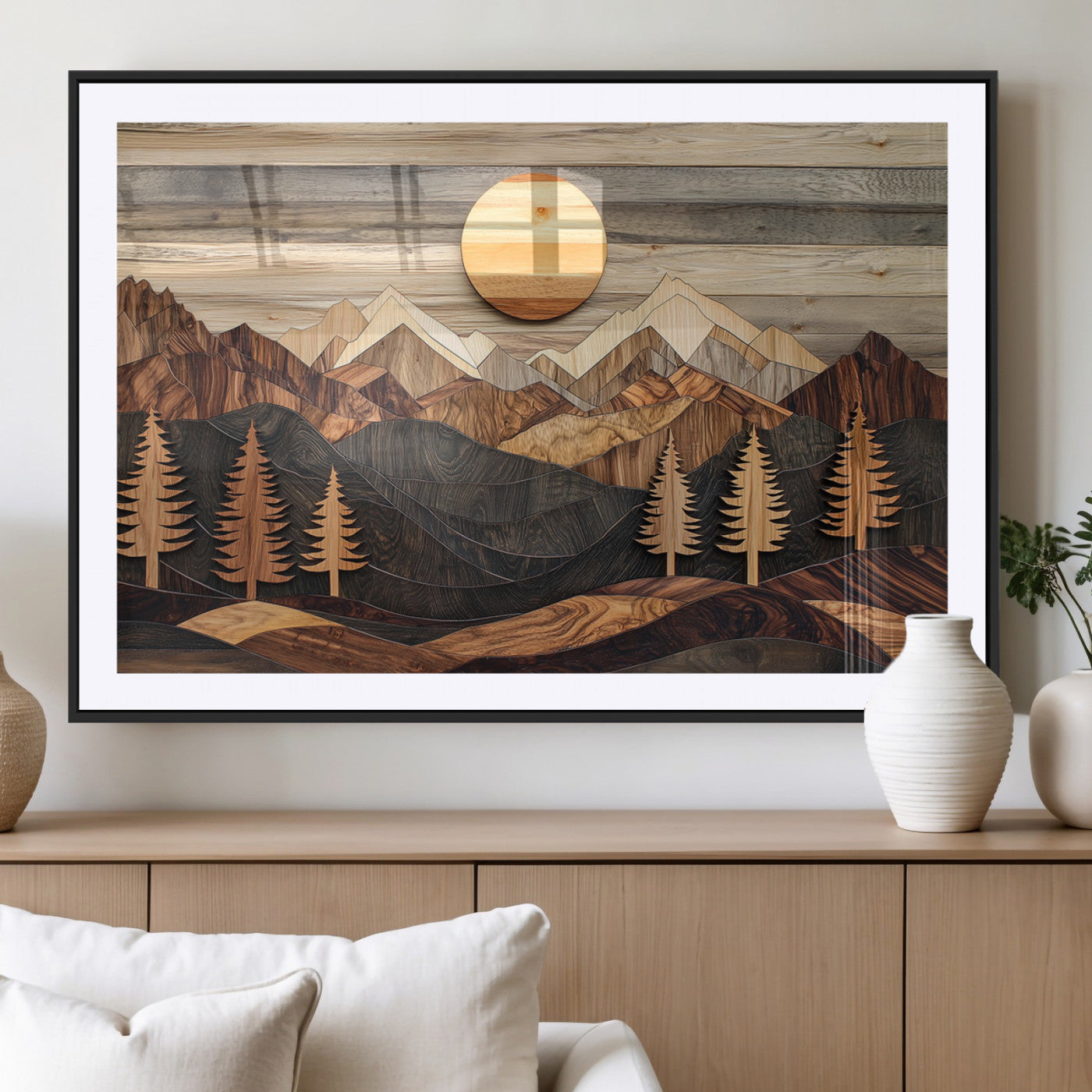 19832326-MGC-FP-36x24 - Wooden Mountain Landscape Layered Texture Geometric Shapes Sun Pine Trees Rustic Natural Tones Art