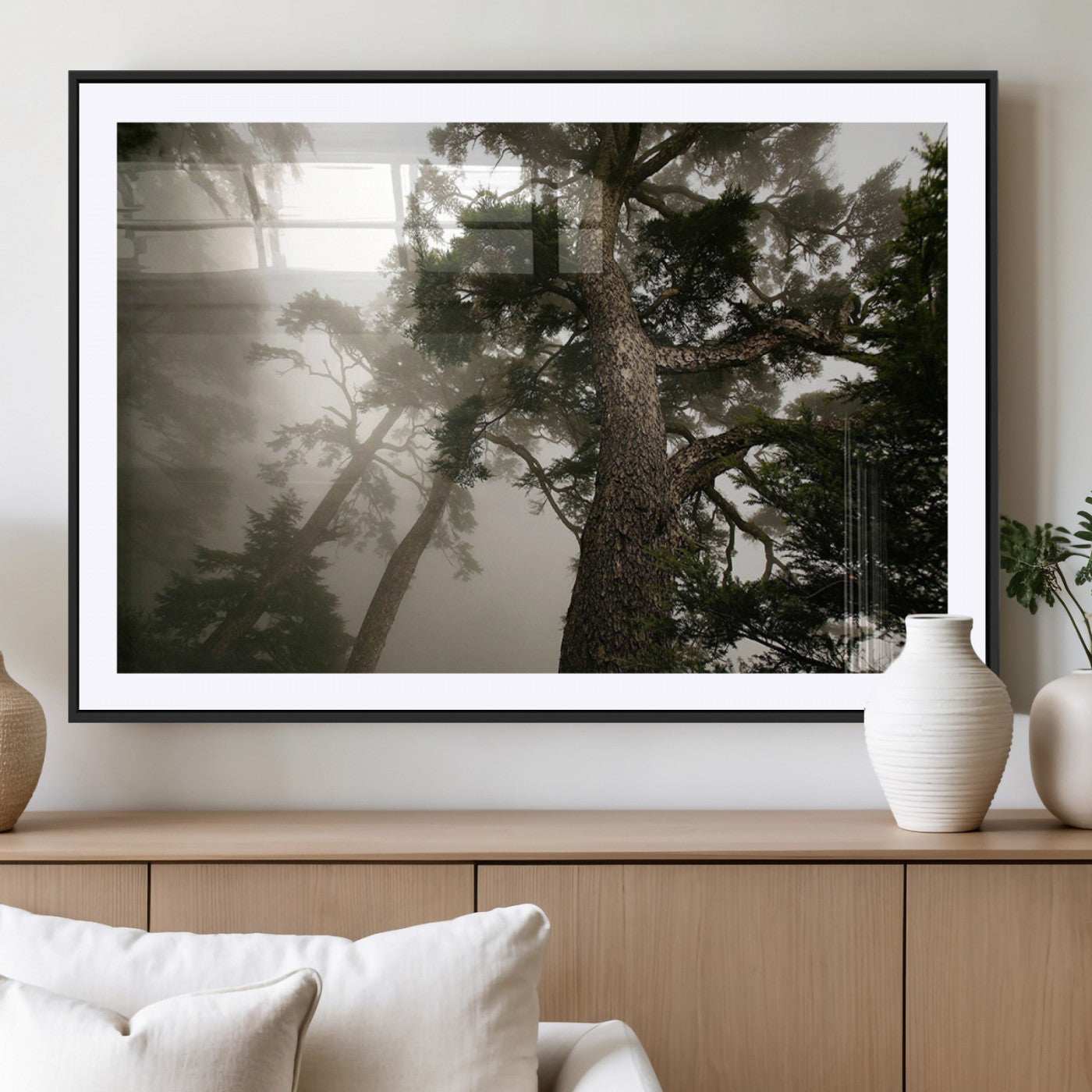 87969493-MGC-FP-40x30_Black-Misty Forest Tall Trees Foggy Atmosphere Nature Serenity Calm Wooded Landscape Tranquil Scene