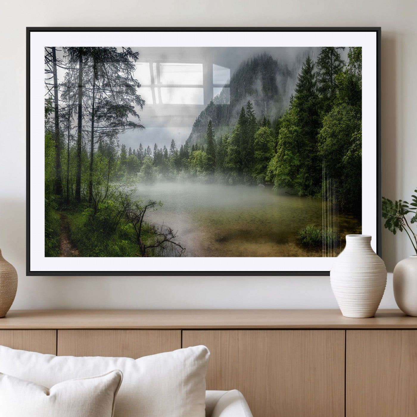 93123937-MGC-FP-40x30_Black-Misty Lake Forest Green Trees Calm Water Reflection Mountain Fog Nature Landscape Outdoor Scenic Beauty Wall Art Canvas Print
