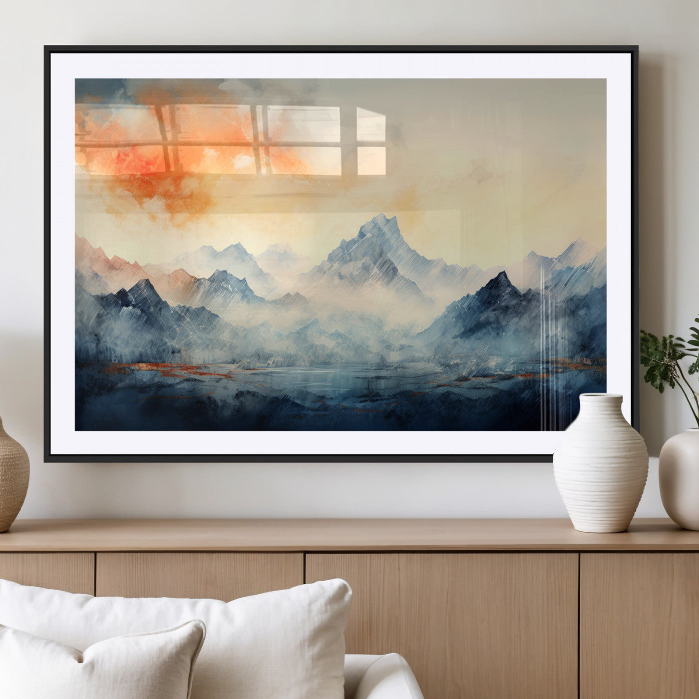 WRM1005-MGC-FP-36x24 - Warm Clouds Abstract Mountain Wall Art, Modern Landscape Canvas Print, Minimal Framed Artwork for Home, Office