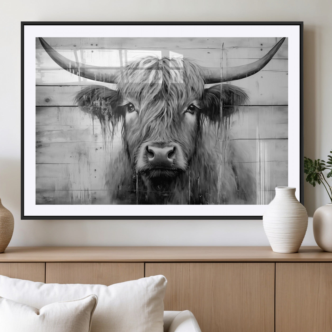 1001HASAN27-MGC-FP-36x24 - Black White Highland Cow Wall Art Canvas Print