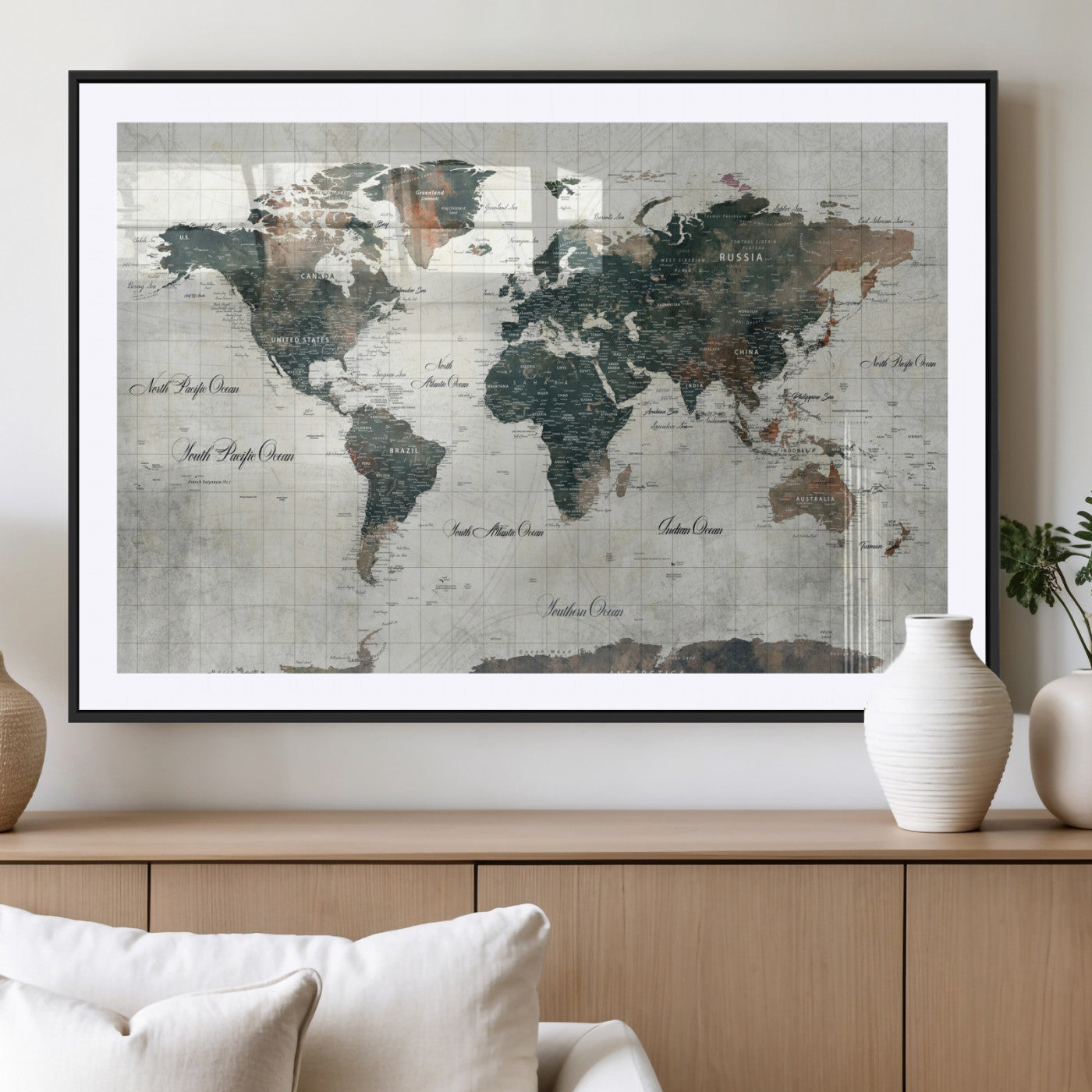 90149079-MGC-FP-36x24 - World Map Wall Art Canvas Print, Modern Decorative Framed Map Artwork Prints for Living Room, Office, Bedroom Wall Decor