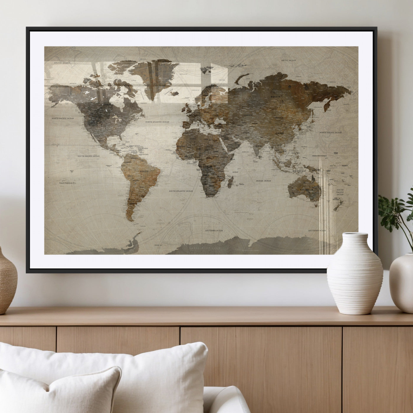 91849163-MGC-FP-36x24 - World Map Wall Art Canvas Print, Modern Decorative Framed Map Artwork Prints for Living Room, Office, Bedroom Wall Decor