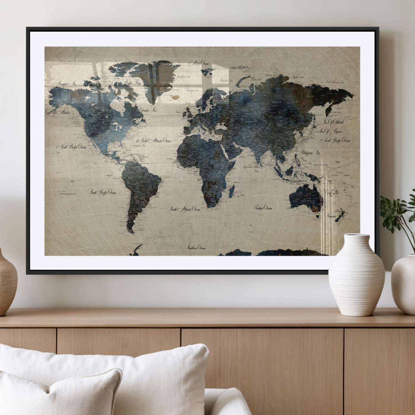 33438443-MGC-FP-36x24 - World Map Wall Art Canvas Print, Modern Decorative Framed Map Artwork Prints for Living Room, Office, Bedroom Wall Decor