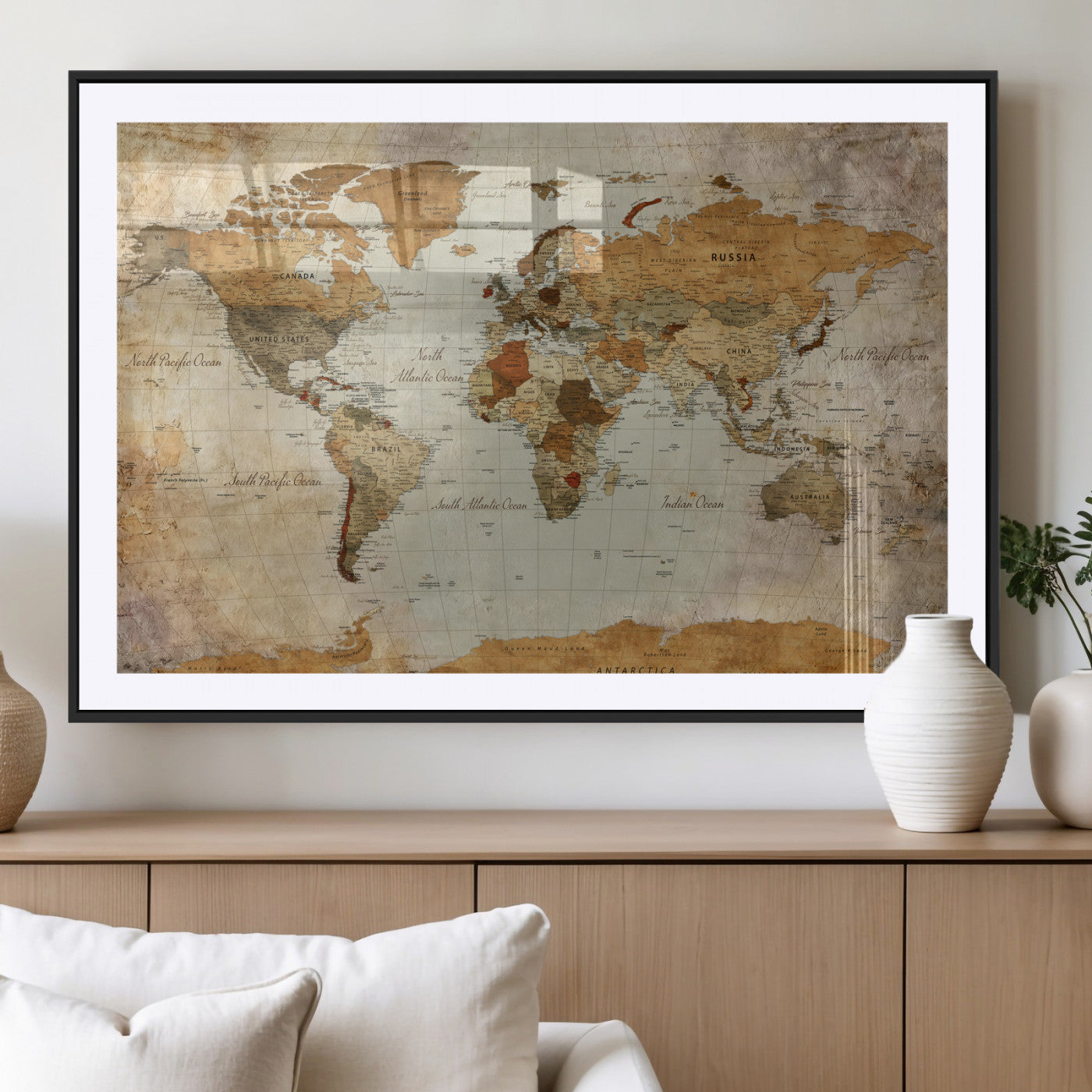 74176056-MGV-CV-36X24 - World Map Wall Art Canvas Print, Modern Decorative Framed Map Artwork Prints for Living Room, Office, Bedroom Wall Decor