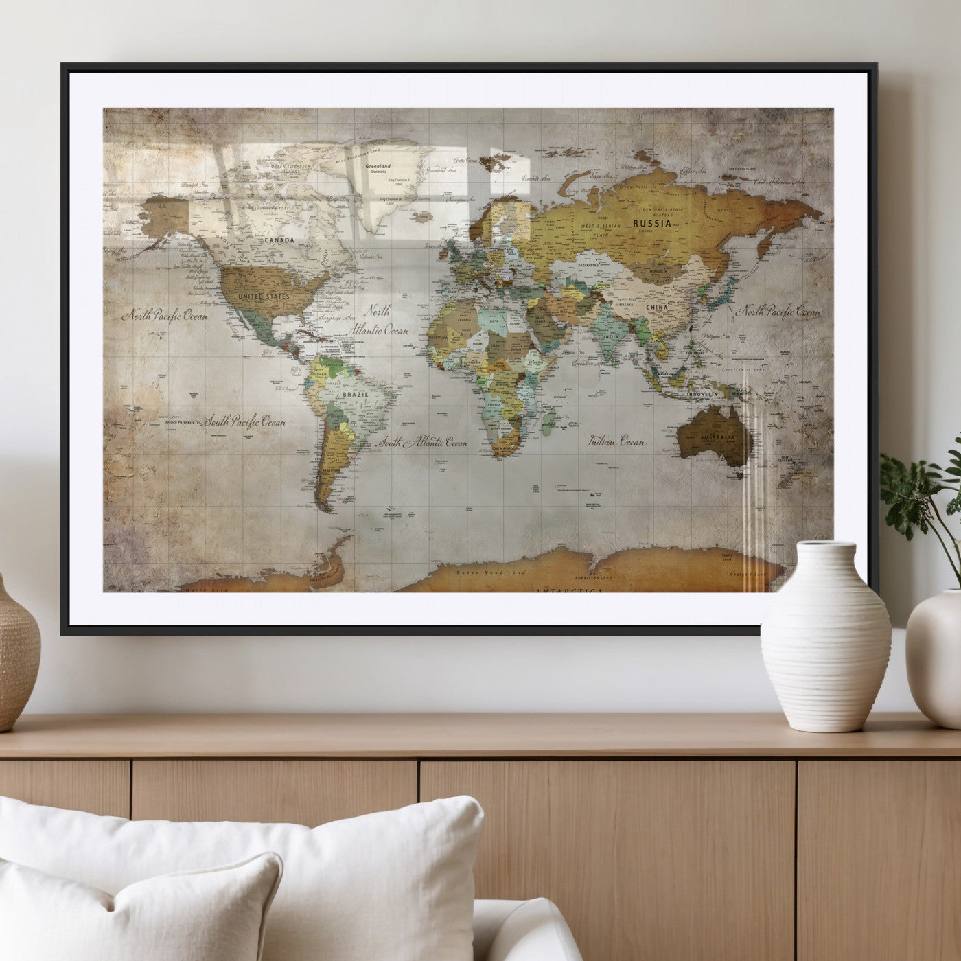 86108417-MGV-CV-36X24 - World Map Wall Art Canvas Print, Modern Decorative Framed Map Artwork Prints for Living Room, Office, Bedroom Wall Decor