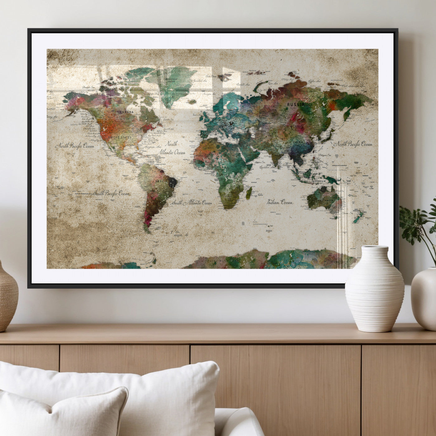 87544591-MGV-CV-36X24 - World Map Wall Art Canvas Print, Modern Decorative Framed Map Artwork Prints for Living Room, Office, Bedroom Wall Decor