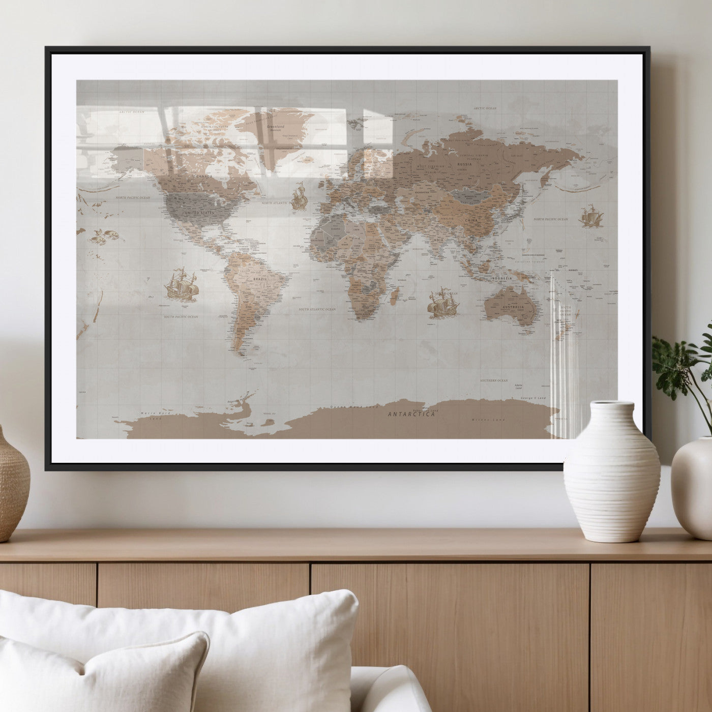 85057279-MGV-CV-36X24 - World Map Wall Art Canvas Print, Modern Decorative Framed Map Artwork Prints for Living Room, Office, Bedroom Wall Decor