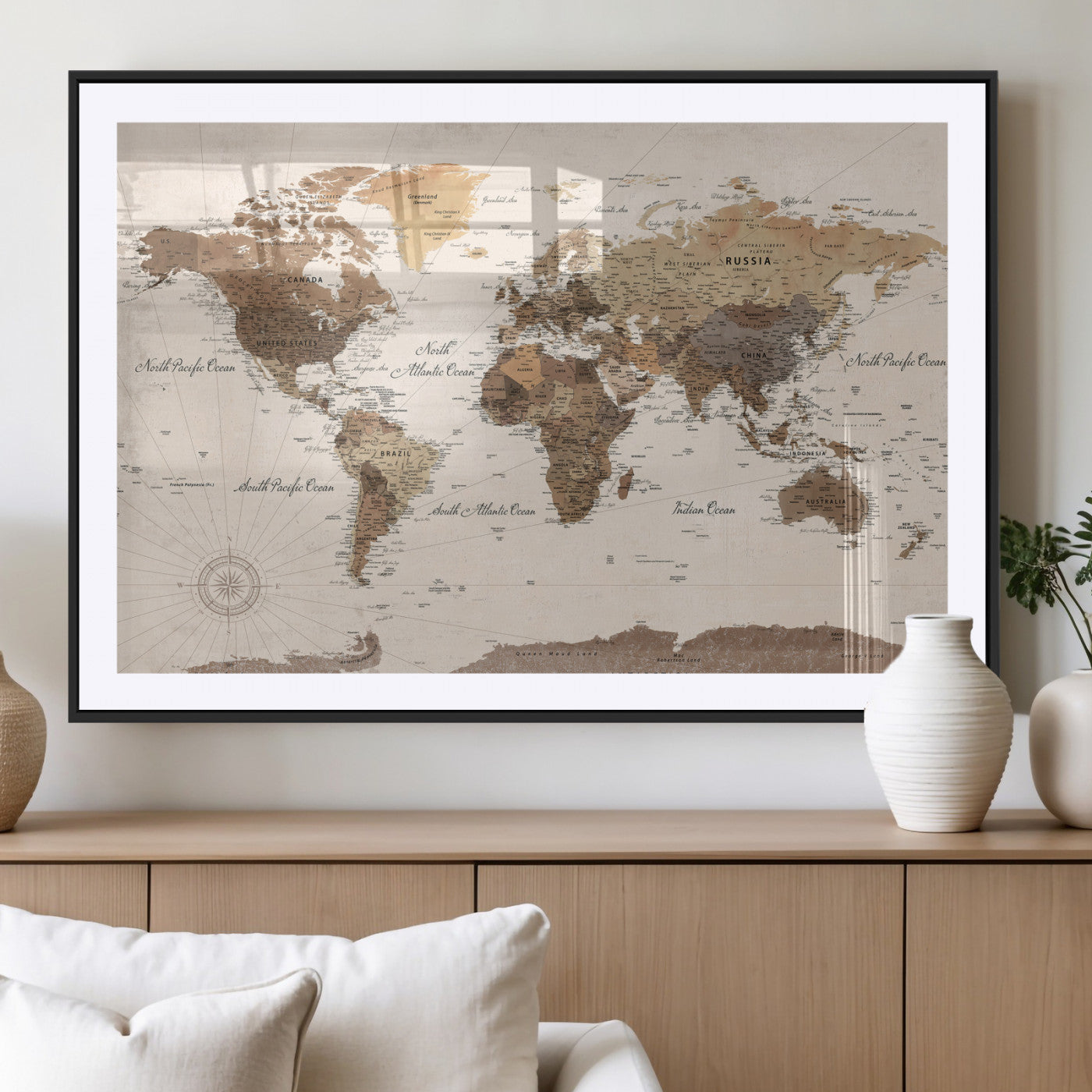 69860078-MGV-CV-36X24 - World Map Wall Art Canvas Print, Modern Decorative Framed Map Artwork Prints for Living Room, Office, Bedroom Wall Decor