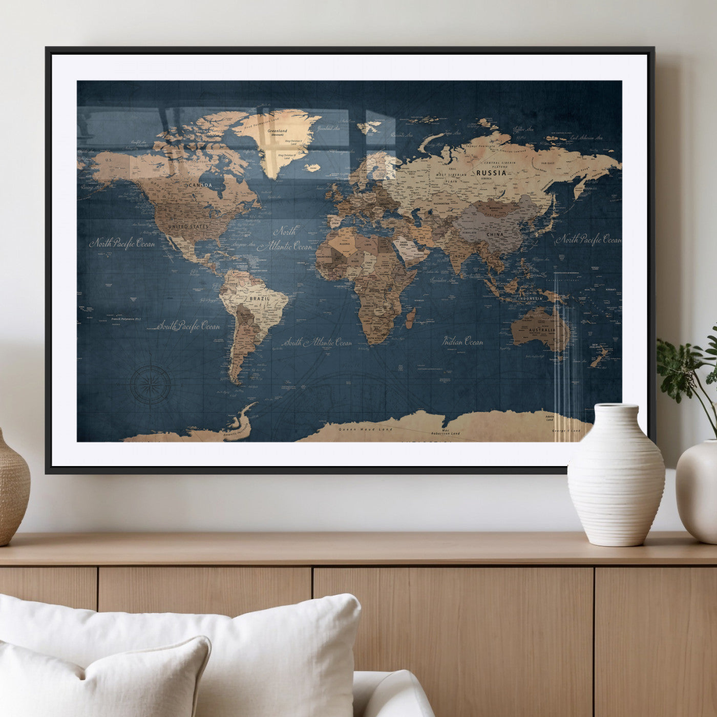 69886352-MGV-CV-36X24 - World Map Wall Art Canvas Print, Modern Decorative Framed Map Artwork Prints for Living Room, Office, Bedroom Wall Decor