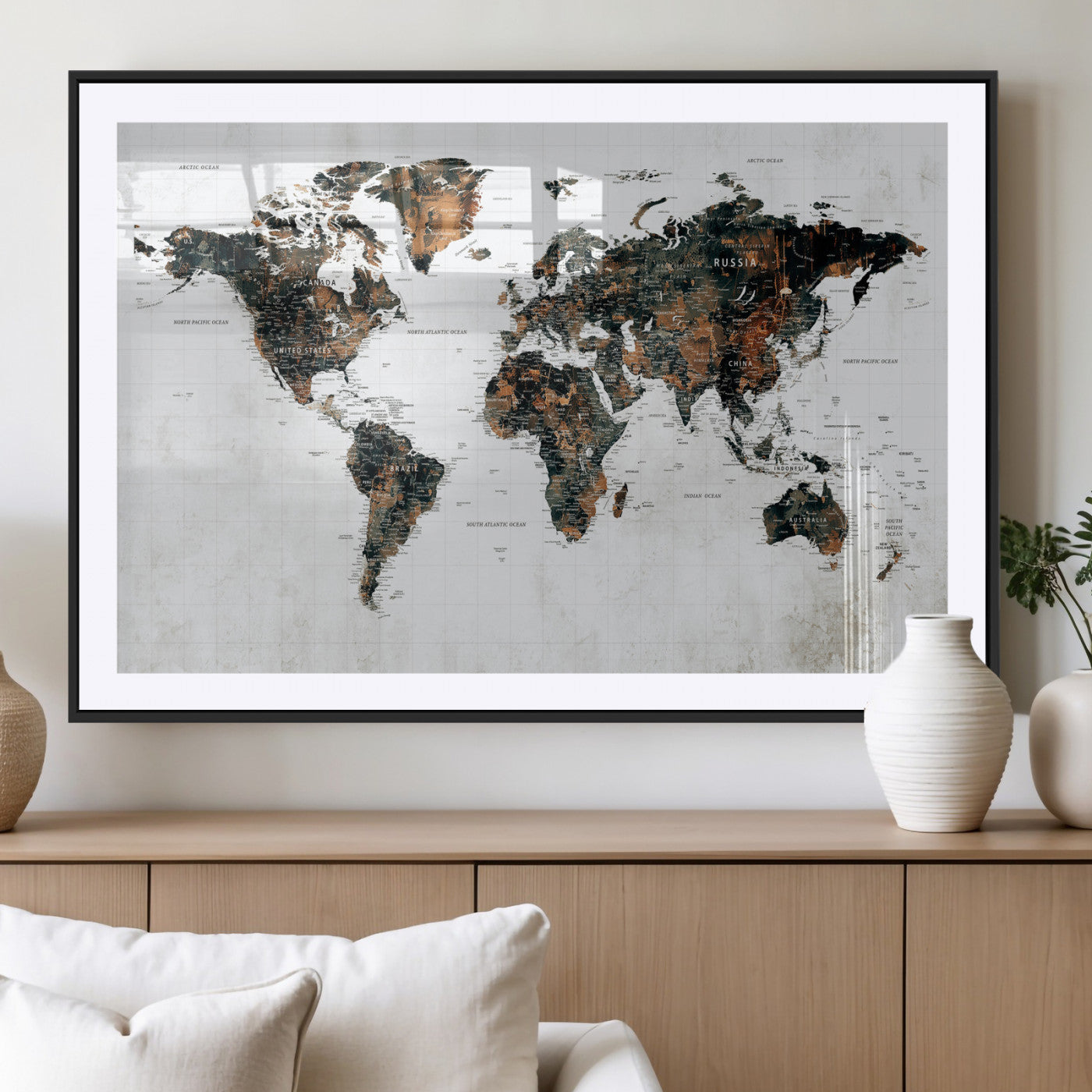 60008766-MGV-CV-36X24 - World Map Wall Art Canvas Print, Modern Decorative Framed Map Artwork Prints for Living Room, Office, Bedroom Wall Decor
