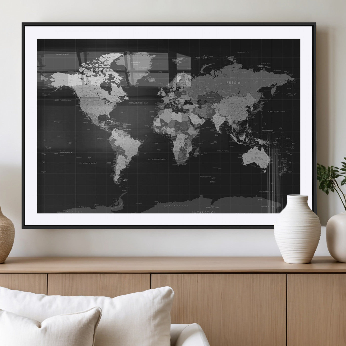 46160121-MGV-CV-36X24 - World Map Wall Art Canvas Print, Modern Decorative Framed Map Artwork Prints for Living Room, Office, Bedroom Wall Decor