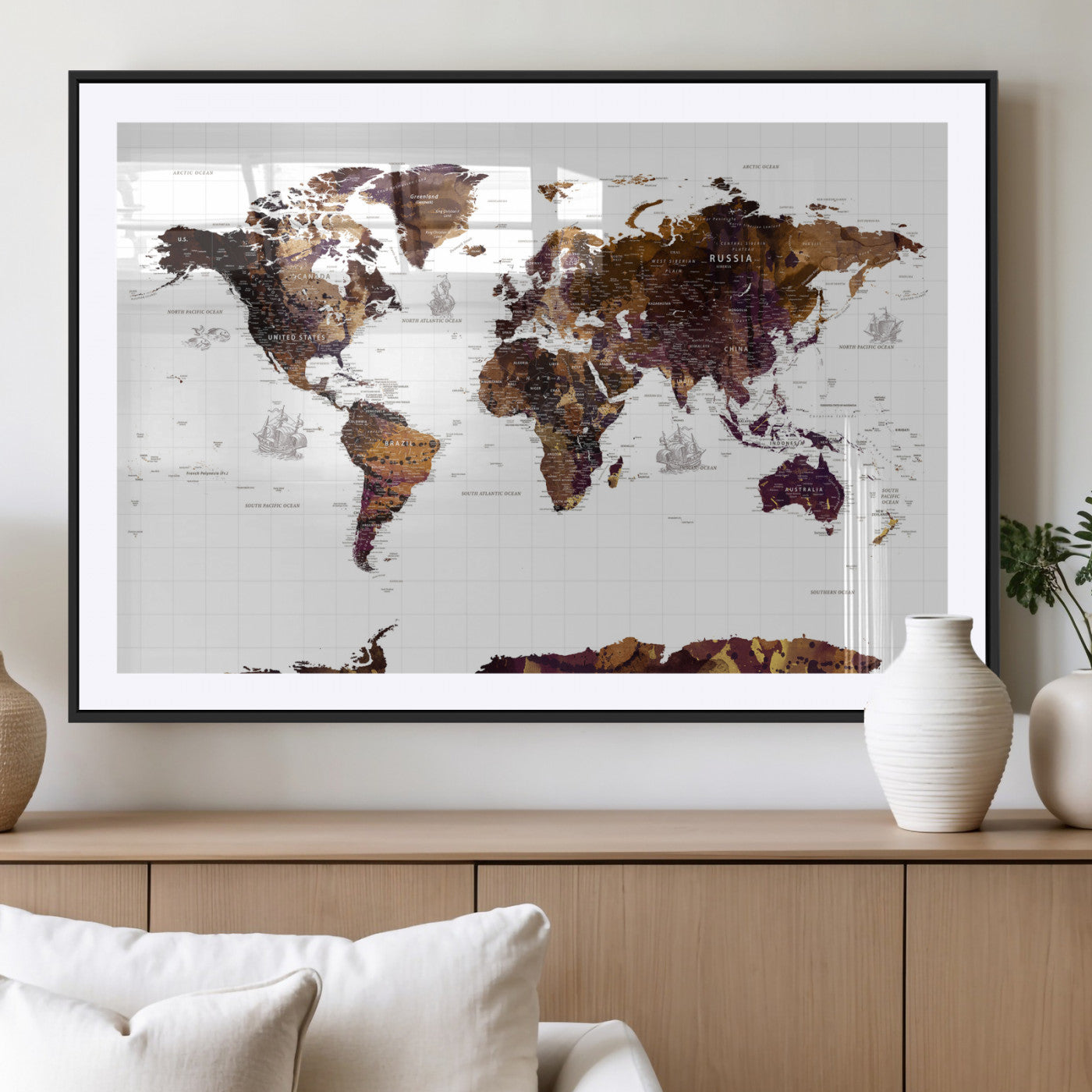 34792695-MGV-CV-36X24 - World Map Wall Art Canvas Print, Modern Decorative Framed Map Artwork Prints for Living Room, Office, Bedroom Wall Decor