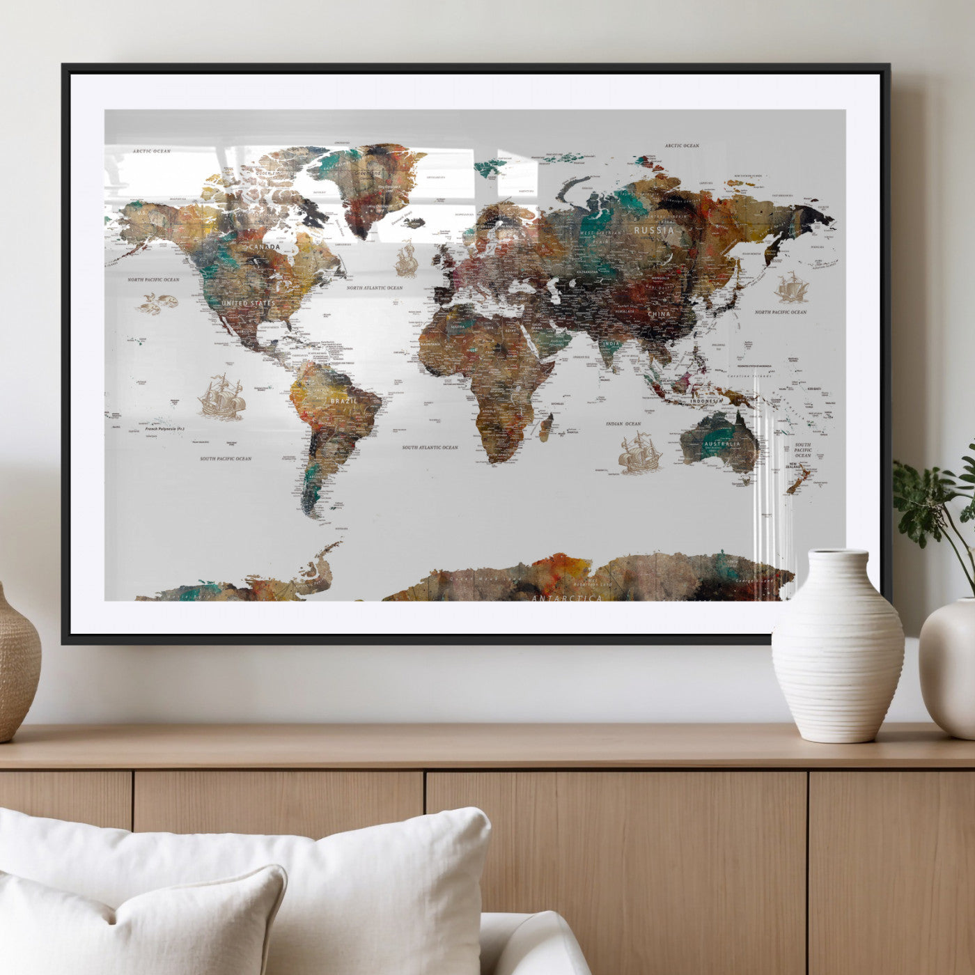 82293175-MGV-CV-36X24 - World Map Wall Art Canvas Print, Modern Decorative Framed Map Artwork Prints for Living Room, Office, Bedroom Wall Decor