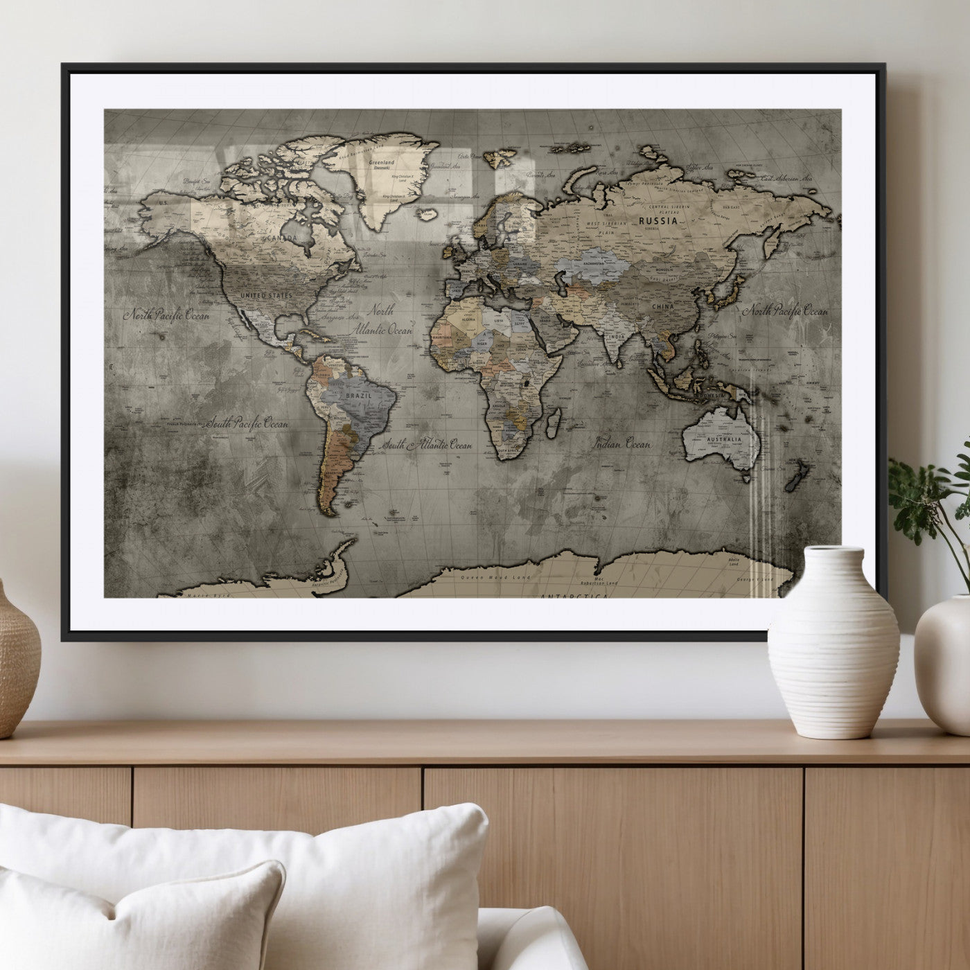 85218700-MGV-CV-36X24 - World Map Wall Art Canvas Print, Modern Decorative Framed Map Artwork Prints for Living Room, Office, Bedroom Wall Decor