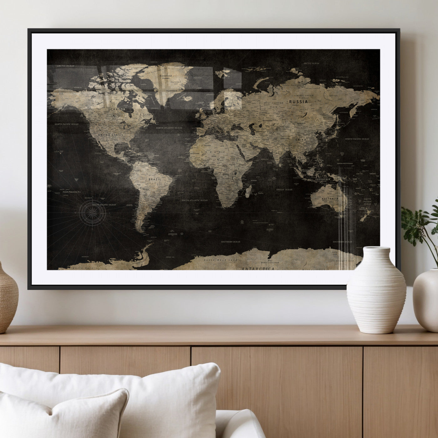 60653880-MGV-CV-36X24 - World Map Wall Art Canvas Print, Modern Decorative Framed Map Artwork Prints for Living Room, Office, Bedroom Wall Decor