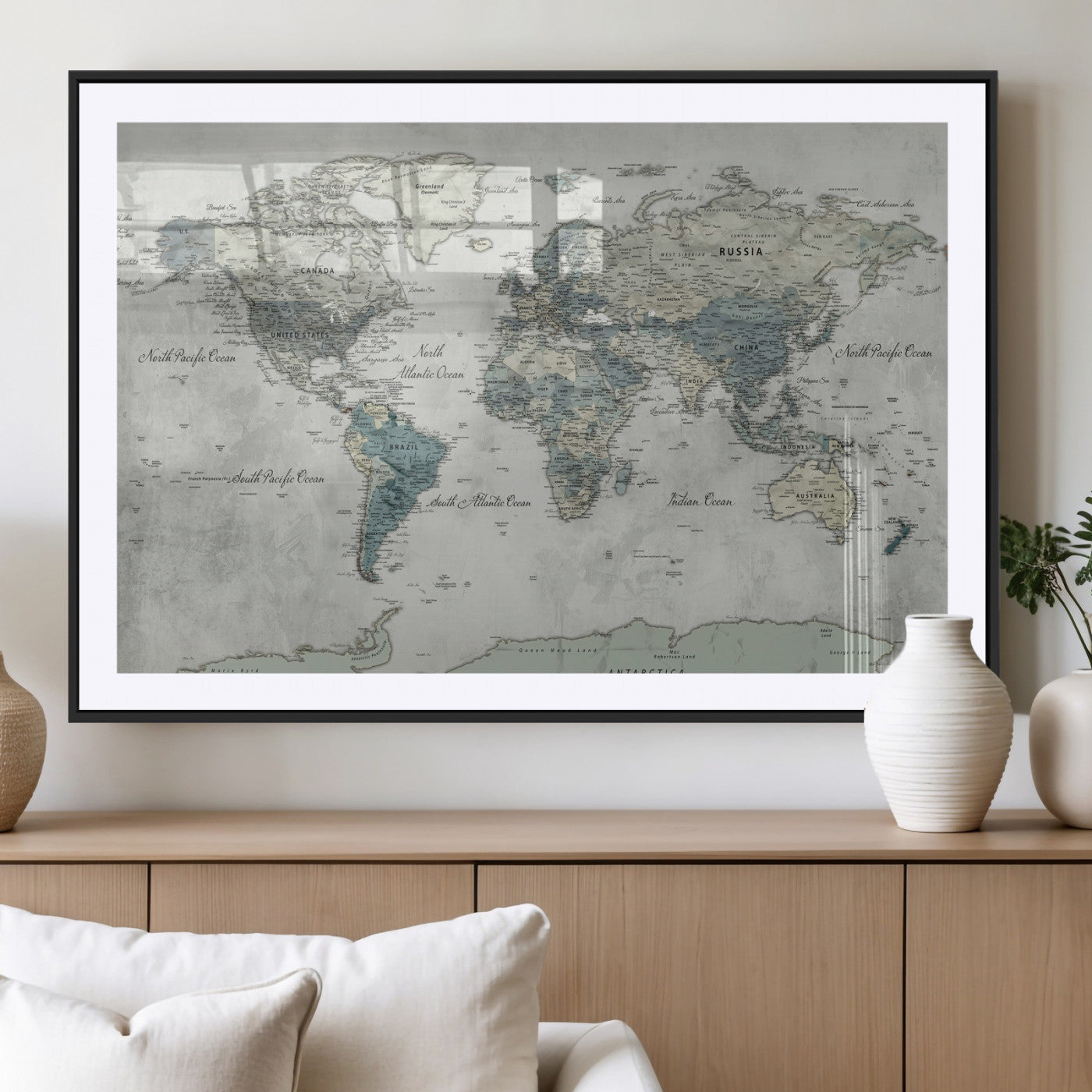 91132939-MGV-CV-36X24 - World Map Wall Art Canvas Print, Modern Decorative Framed Map Artwork Prints for Living Room, Office, Bedroom Wall Decor