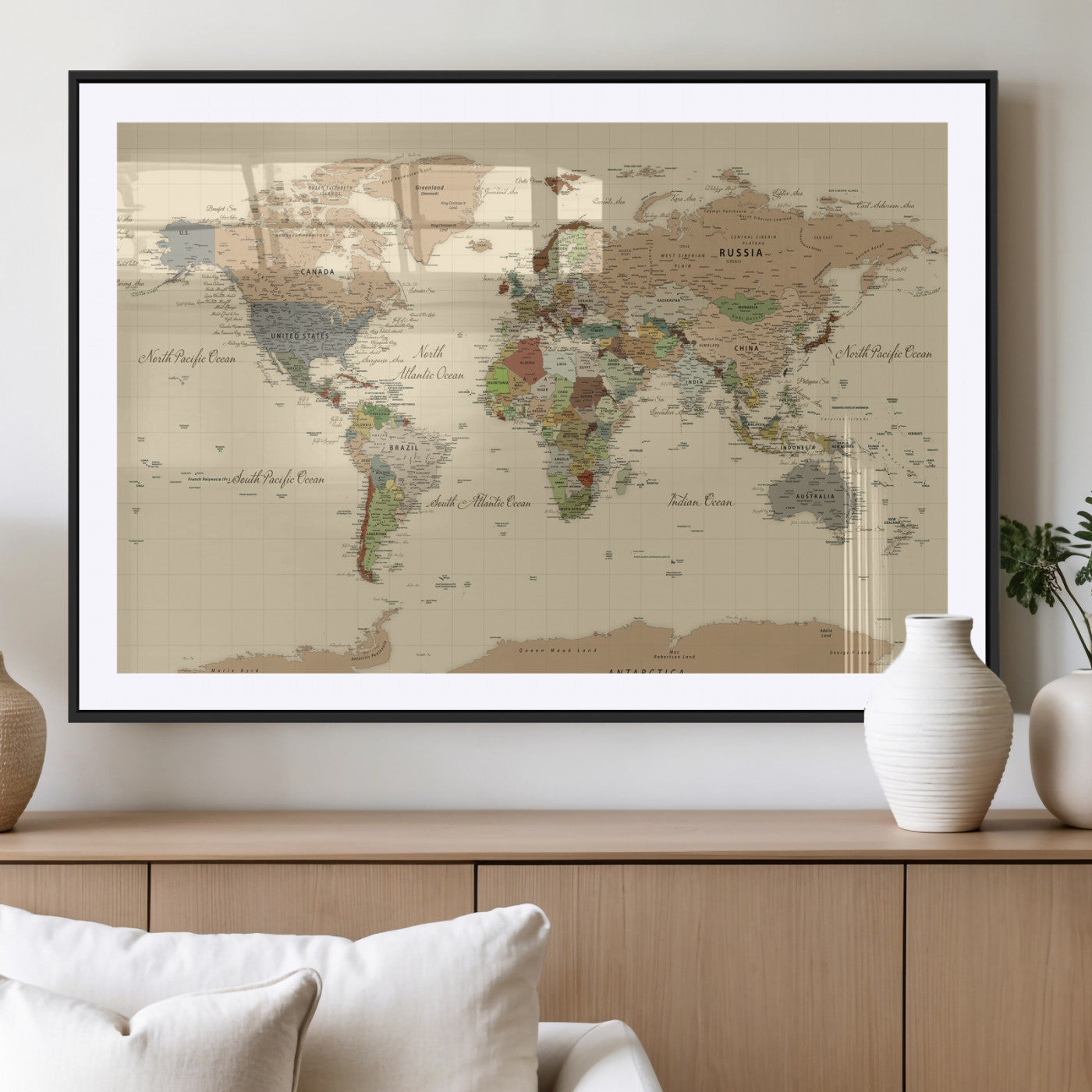 31407854-MGV-CV-36X24 - World Map Wall Art Canvas Print, Modern Decorative Framed Map Artwork Prints for Living Room, Office, Bedroom Wall Decor